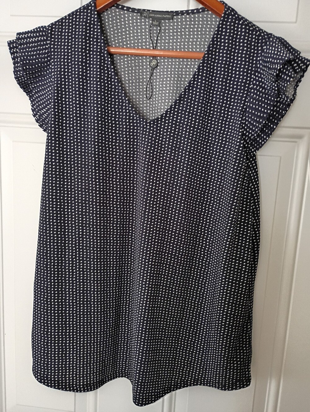Adrianna Papell Navy Blue and White V-Neck Flutter Sleeve Tunic